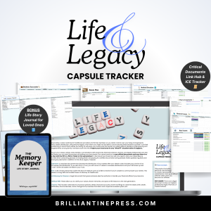 Life and Legacy Spreadsheet Tracker pictured with a Life Story Printable or Digital Journal. Several sheets from the spreadsheet are displayed.